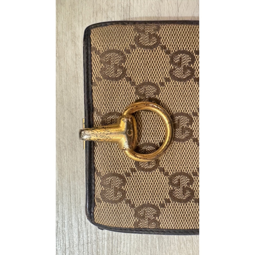 100% Authentic Gucci Vintage Monogram Canvas Horsebit Wallet Brown Gold - Picture 3 of 6